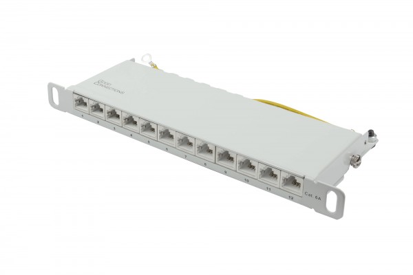 Patchpanel 10" Cat. 6A, 12-Port, 0,5 HE, STP geschirmt, werkzeugloses Öffnen, Lichtgrau (RAL7035), Good Connections®