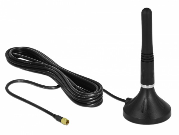 LTE Antenne SMA Stecker, 2-3dBi, 11cm, starr, omnidirektional, mit magnetischem Standfuß und RG-174 A/U Kabel, 3m, outdoor, schwarz, Delock® [12585]