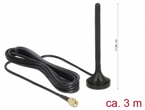 LTE Antenne SMA Stecker 2 dBi starr omnidirektional mit magnetischem Standfuß und Anschlusskabel RG-174 3 m outdoor schwarz, Delock® [89618]