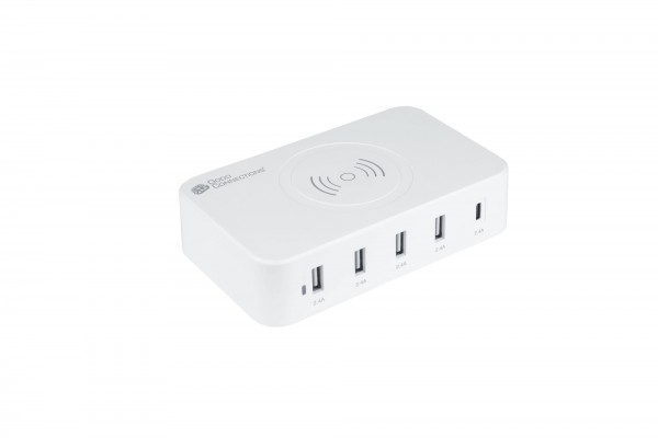 USB-Desktop-Ladestation 60W, 5-Port (1x USB-C™ und 4x USB-A), 10W Qi Wireless Charging, weiß, Good Connections®