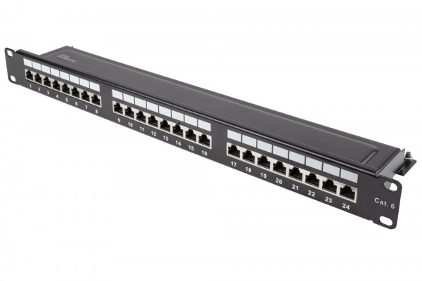 Patchpanel 19" Cat. 6, 24-Port, 1 HE, STP geschirmt, werkzeugloses Öffnen, Tiefschwarz (RAL9005), Good Connections®