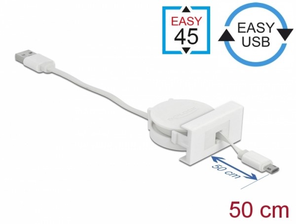 Easy 45 Modul USB 2.0 Ausrollkabel USB Typ-A zu EASY-USB Typ Micro-B weiß, Delock® [81319]