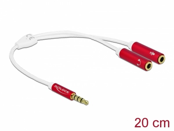 Headset Adapter 1 x 3,5 mm 4 Pin Klinkenstecker zu 2 x 3,5 mm 4 Pin Klinkenbuchse mit Textilummantelung 20 cm, Delock® [66519]