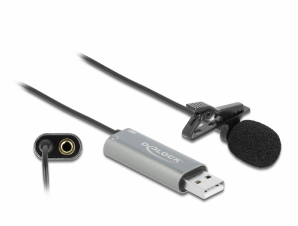 USB Krawatten Lavalier Mikrofon Omnidirektional 24 Bit / 192 kHz mit Clip und 3,5 mm Stereoklinken-Kopfhöreranschluss, Delock® [66638]