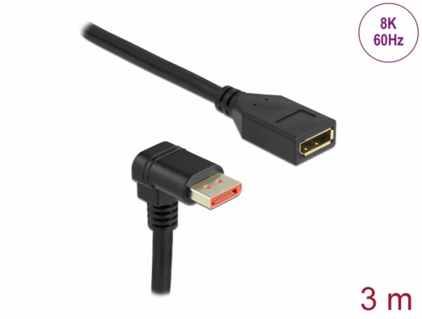 DisplayPort Verlängerungskabel Stecker 90° unten gewinkelt zu Buchse 8K 60 Hz, schwarz, 3 m, Delock® [87093]