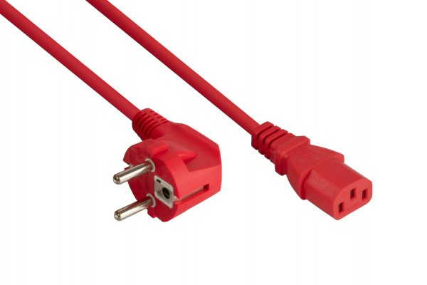 kabelmeister® Netzkabel Schutzkontakt-Stecker Typ E+F (90° gew.) an Kaltgeräte-Buchse C13, rot, 1,50mm², 10m