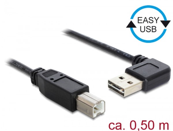 Kabel EASY-USB 2.0 Typ-A Stecker gewinkelt links / rechts an USB 2.0 Typ-B Stecker, schwarz, 0,5 m, Delock® [85167]