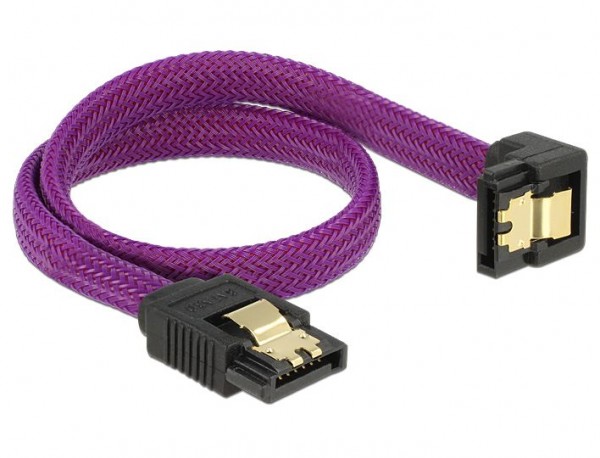 Anschlusskabel SATA 6Gb/s, Stecker gerade/Stecker nach unten gewinkelt Metall, Premium Nylon Geflecht, violett, 0,3m, Delock® [83695]