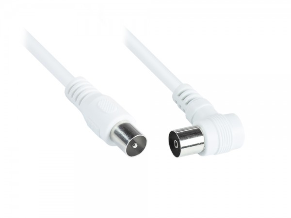 Antennenkabel, Koax/IEC Stecker gerade an Koax/IEC Buchse gewinkelt (vernickelt), 2x geschirmt ( >70dB / 75 Ohm), CCS, weiß, 5m, Good Connections®