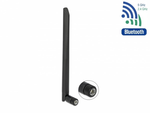 WLAN 802.11 a/ax/a/b/g/n Antenne RP-SMA Stecker 5 dBi 20 cm omnidirektional mit Kippgelenk flexibel und gummierter Oberfläche schwarz, Delock® [12636]