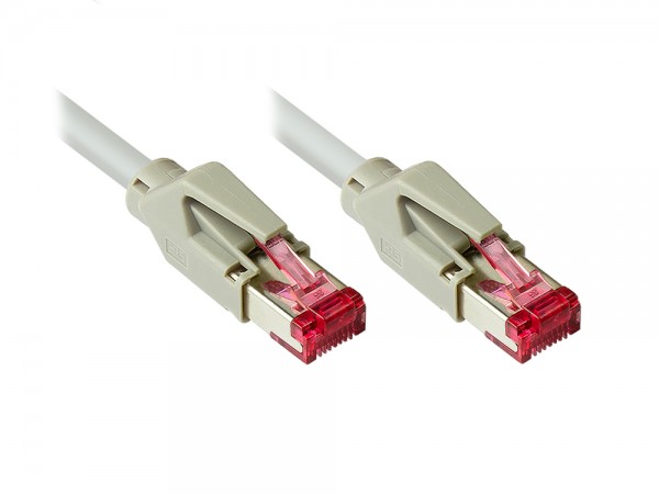 Patchkabel mit Cat. 7 Draka UC900 Rohkabel (900MHz) und Hirose TM21 Stecker (250MHz) beidseitig, S/FTP, PiMF, halogenfrei (LSZH), KUPFER, grau, 10m