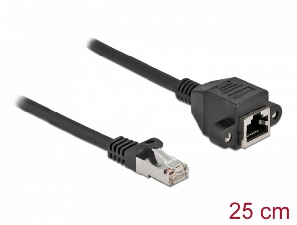 Netzwerk Verlängerungskabel S/FTP RJ45 Stecker zu RJ45 Buchse Cat.6A 25 cm schwarz, Delock® [86998]