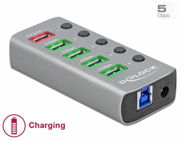 USB 3.2 Gen 1 Hub mit 4 Ports + 1 Schnellladeport mit Schalter und Beleuchtung, Delock® [63262]