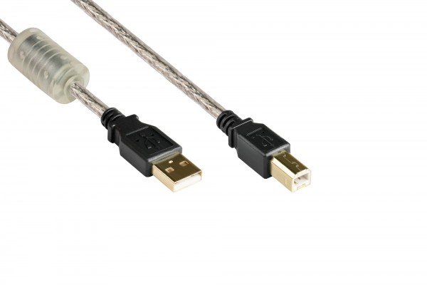 Anschlusskabel USB 2.0 Stecker A an Stecker B, High Quality mit Ferritkern und Goldkontakten, transparent, 5m, Good Connections®