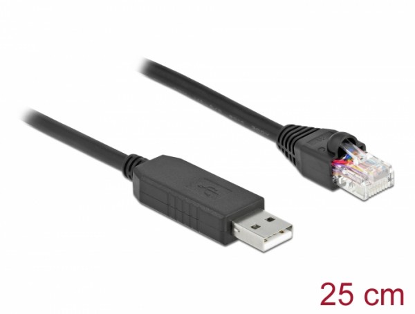 Serielles Anschlusskabel mit FTDI Chipsatz, USB 2.0 Typ-A Stecker zu RS-232 RJ45 Stecker, schwarz, 25 cm, Delock® [64158]