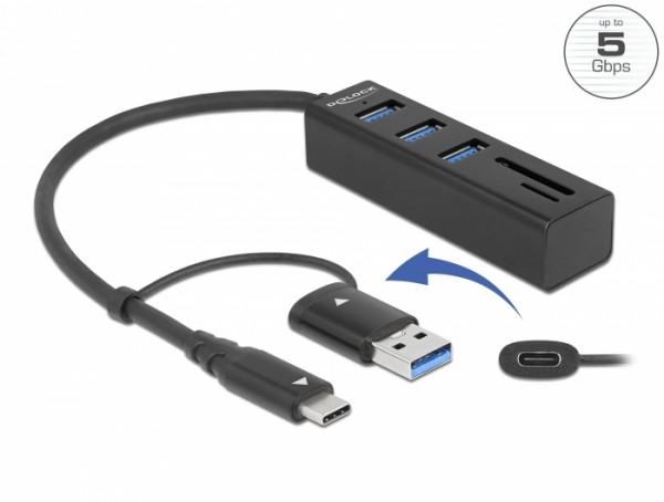 3 Port USB 3.2 Gen 1 Hub + SD und Micro SD Card Reader mit USB Type-C™ oder USB Typ-A Anschluss, Delock® [63859]