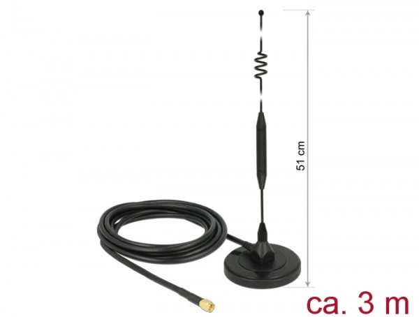LTE Antenne SMA Stecker 6dBi starr omnidirektional, magnetischer Standfuß, Anschlusskabel (RG-58, 3m), outdoor schwarz, Delock® [12429]