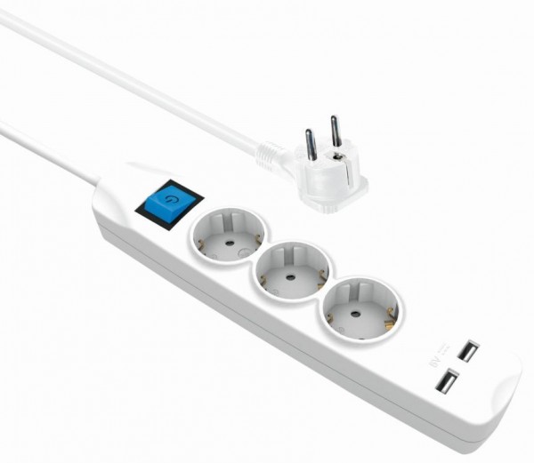 Steckdosenleiste 3-fach + 2x USB (2,1A), mit Schalter, flachen Schutzkontaktstecker, Berührungsschutz, weiß, 3m