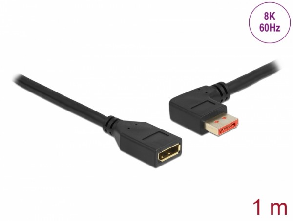 DisplayPort Verlängerungskabel Stecker 90° links gewinkelt zu Buchse 8K 60 Hz, schwarz, 1 m, Delock® [87073]