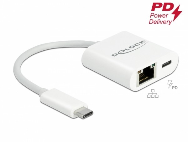 USB Type-C™ Adapter zu Gigabit LAN 10/100/1000 Mbps mit Power Delivery Anschluss weiß, Delock® [65402]