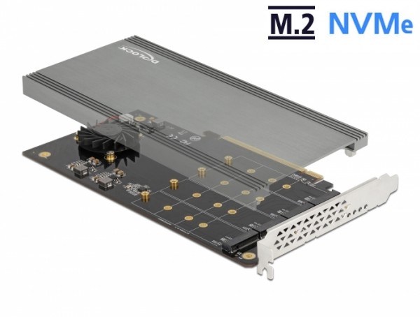 PCI Express x16 Karte zu 4 x intern NVMe M.2 Key M mit Kühlkörper und Lüfter - Bifurcation, Delock® [90050]