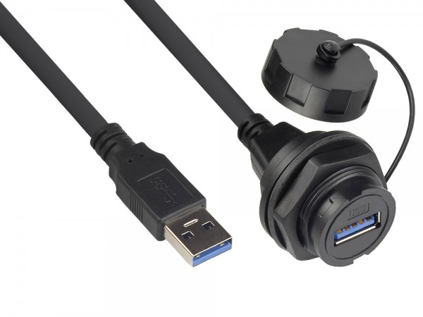 Industrie-Steckverbinder S4 - USB 3.0 Kabel, Stecker A an Einbaubuchse A mit Kabelverschraubung, Bajonett, IP67, schwarz, 1m, Good Connections®