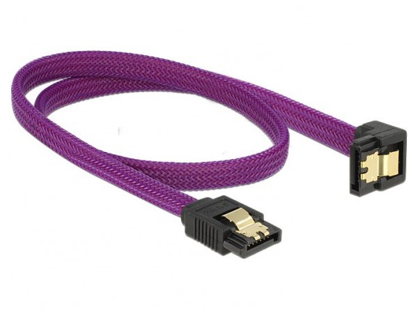 Anschlusskabel SATA 6Gb/s, Stecker gerade/Stecker nach unten gewinkelt Metall, Premium Nylon Geflecht, violett, 0,5m, Delock® [83696]