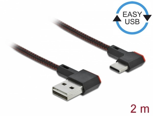 EASY-USB 2.0 Kabel Typ-A Stecker zu USB Type-C™ Stecker gewinkelt links / rechts 2 m schwarz, Delock® [85283]