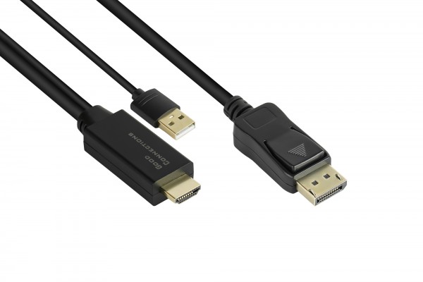 Adapterkabel HDMI 2.0b Stecker an DisplayPort 1.2 Stecker, 4K @60Hz, USB Power, vergoldete Kontakte, Kupferleiter, schwarz, 2m, Good Connections®