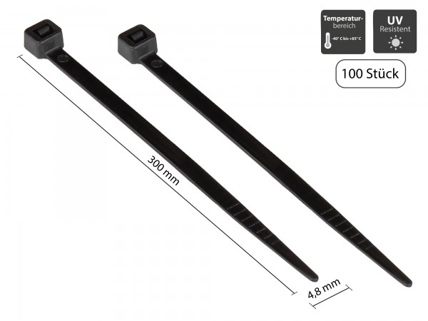 Kabelbinder 300 mm x 4,8 mm, schwarz, UL, UV-resistent, -40 °C bis +85 °C, 100 Stück, Good Connections®