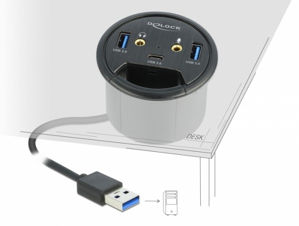 3 Port Tisch-Hub 1 x USB Type-C™ und 2 x USB Typ-A + HD-Audio Ports, Delock® [62794]