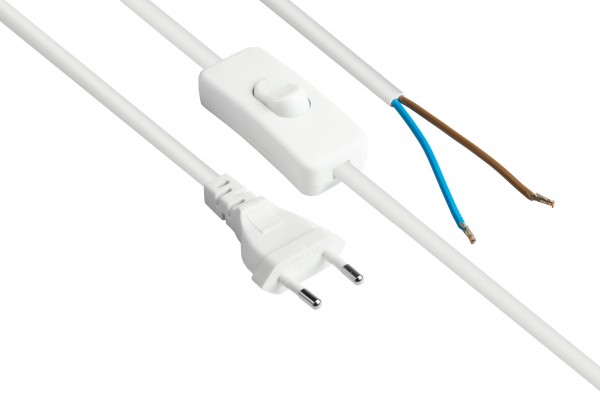 Euro-Netzkabel Euro-Stecker Typ C (gerade) an abisolierte Enden, mit Schalter, weiß, 0,75 mm², 1,5 m, Good Connections®