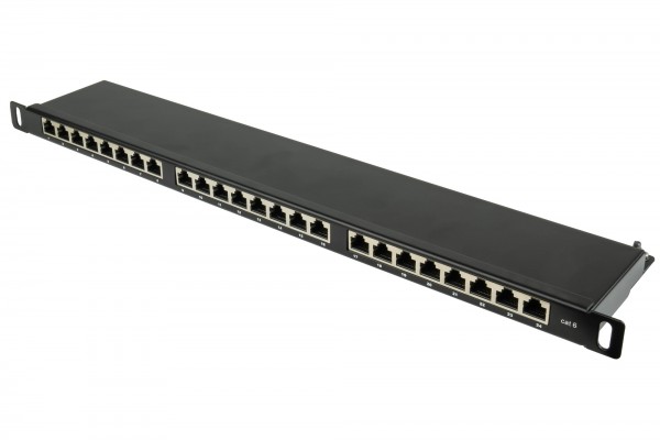 Patchpanel 19" Cat. 6, 24-Port, 0,5 HE, STP geschirmt, werkzeugloses Öffnen, Tiefschwarz (RAL9005), Good Connections®