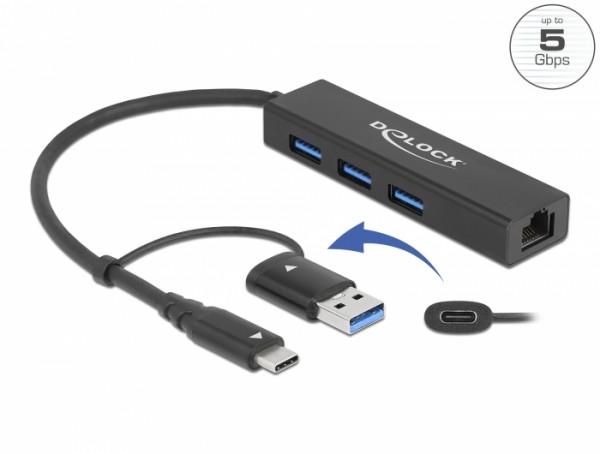 3 Port USB 3.2 Gen 1 Hub + Gigabit LAN mit USB Type-C™ oder USB Typ-A Anschluss, Delock® [64149]