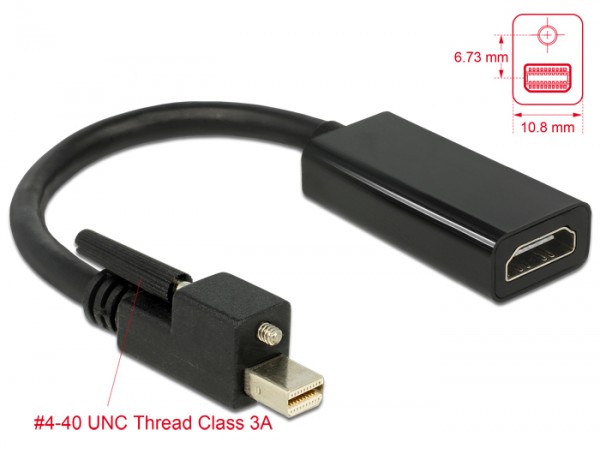Adapter mini Displayport 1.2 Stecker mit Schraube an HDMI Buchse 4K Aktiv schwarz, Delock® [62640]