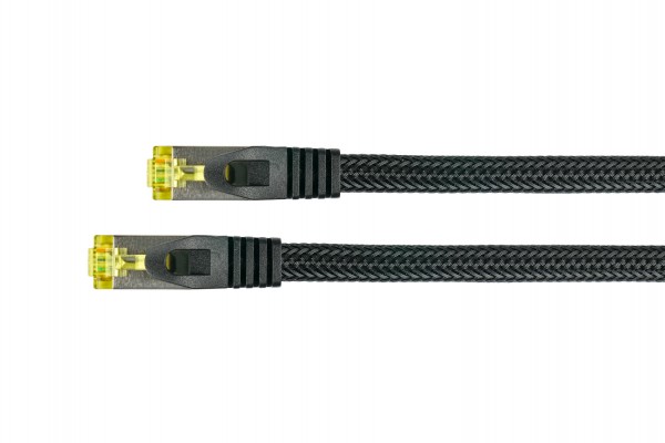 Python® Series RJ45 Patchkabel mit Cat. 7 Rohkabel, Rastnasenschutz (RNS®) und Nylongeflecht, S/FTP, PiMF, halogenfrei, 500MHz, OFC, schwarz, 7,5m