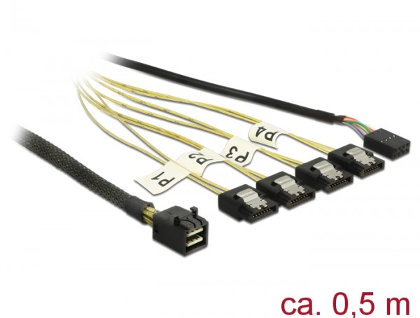 Mini SAS HD SFF-8643 an 4x SATA 7 Pin Reverse + Sideband, 0,5m, Delock® [83320]