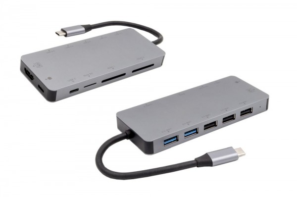 11 in 1 Metall HUB (Dockingstation) mit 1x HDMI, 1x C-Port mit PD, 2x USB 3.0, 3x USB 2.0, 1x MicroSD und 2x SD-Ports, Exsys® [EX-1221HM]