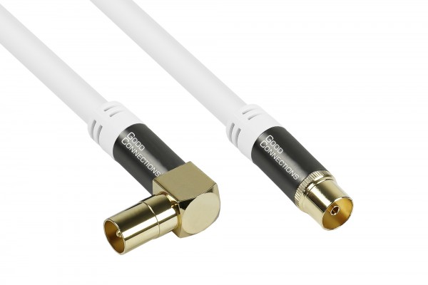 TV Antennenkabel SmartFLEX, IEC/Koax Winkel-Stecker an Buchse, vergoldet, vierfach geschirmt, 120 dB, 75 Ohm, CU, weiß, 1,5m, Good Connections®