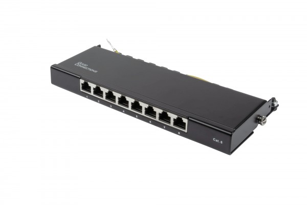 Patchpanel Desktop Cat. 6, 8-Port, 0,5 HE, STP geschirmt, werkzeugloses Öffnen, Tiefschwarz (RAL9005), Good Connections®