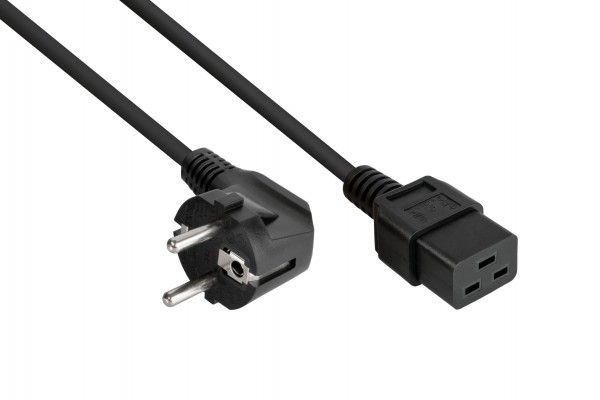 kabelmeister® Netzkabel Schutzkontakt-Stecker Typ E+F (90° gew.) an Kaltgeräte-Buchse C19, schwarz, 1,00mm², 1m