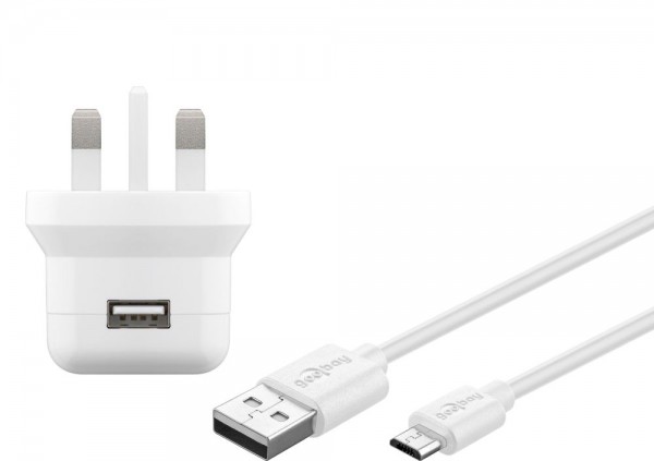 UK USB-Ladegerät, 1 Port, 2,1A, inkl. Anschlusskabel USB Micro B an USB A Stecker, weiß , 1m