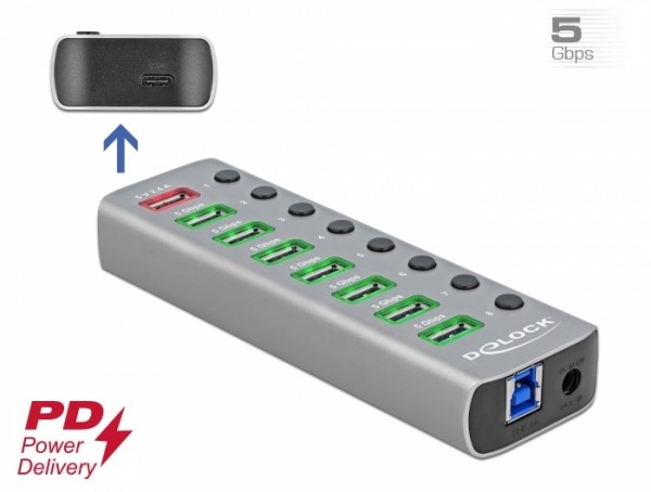 USB 3.2 Gen 1 Hub mit 7 Ports + 1 Schnellladeport + 1 USB-C™ PD 3.0 Port mit Schalter und Beleuchtung, Delock® [63264]