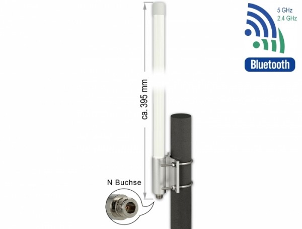 Dualband WLAN 802.11 ac/ax/a/b/g/n Antenne N Buchse 6,2 - 8,0 dBi 39,5 cm omnidirektional starr Wand- und Mastmontage outdoor weiß , Delock® [12632]