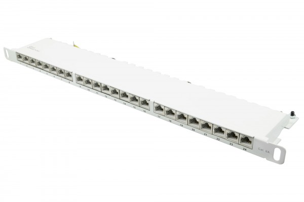 Patchpanel 19" Cat. 6A, 24-Port, 0,5 HE, STP geschirmt, werkzeugloses Öffnen, Reinweiß (RAL9010), Good Connections®