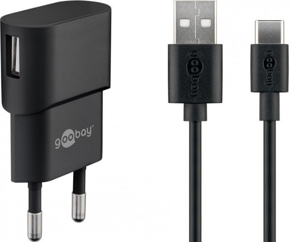 USB-Ladegerät, 1 Port, 1A, inkl. Type-C™ Kabel an USB A Stecker, schwarz, 1m