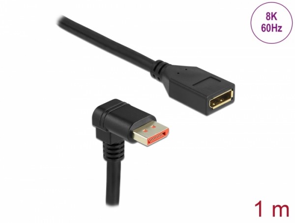 DisplayPort Verlängerungskabel Stecker 90° unten gewinkelt zu Buchse 8K 60 Hz, schwarz, 1 m, Delock® [87087]