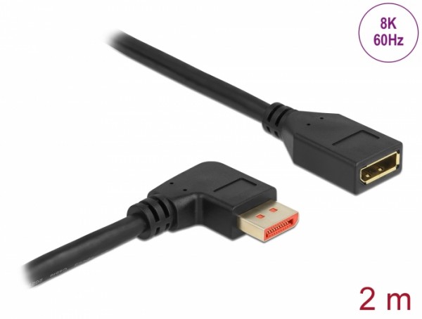 DisplayPort Verlängerungskabel Stecker 90° rechts gewinkelt zu Buchse 8K 60 Hz, schwarz, 2 m, Delock® [87078]