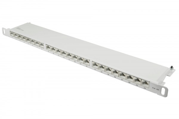 Patchpanel 19" Cat. 6A, 24-Port, 0,5 HE, STP geschirmt, werkzeugloses Öffnen, Lichtgrau (RAL7035), Good Connections®