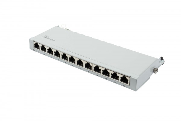 Patchpanel Desktop Cat. 6, 12-Port, 0,5 HE, STP geschirmt, werkzeugloses Öffnen, Lichtgrau (RAL7035), Good Connections®